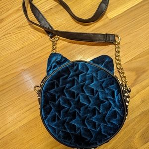 Luv Betsey Johnson Teal Quilted Leopard Cat Face ROUND Crossbody Bag Purse